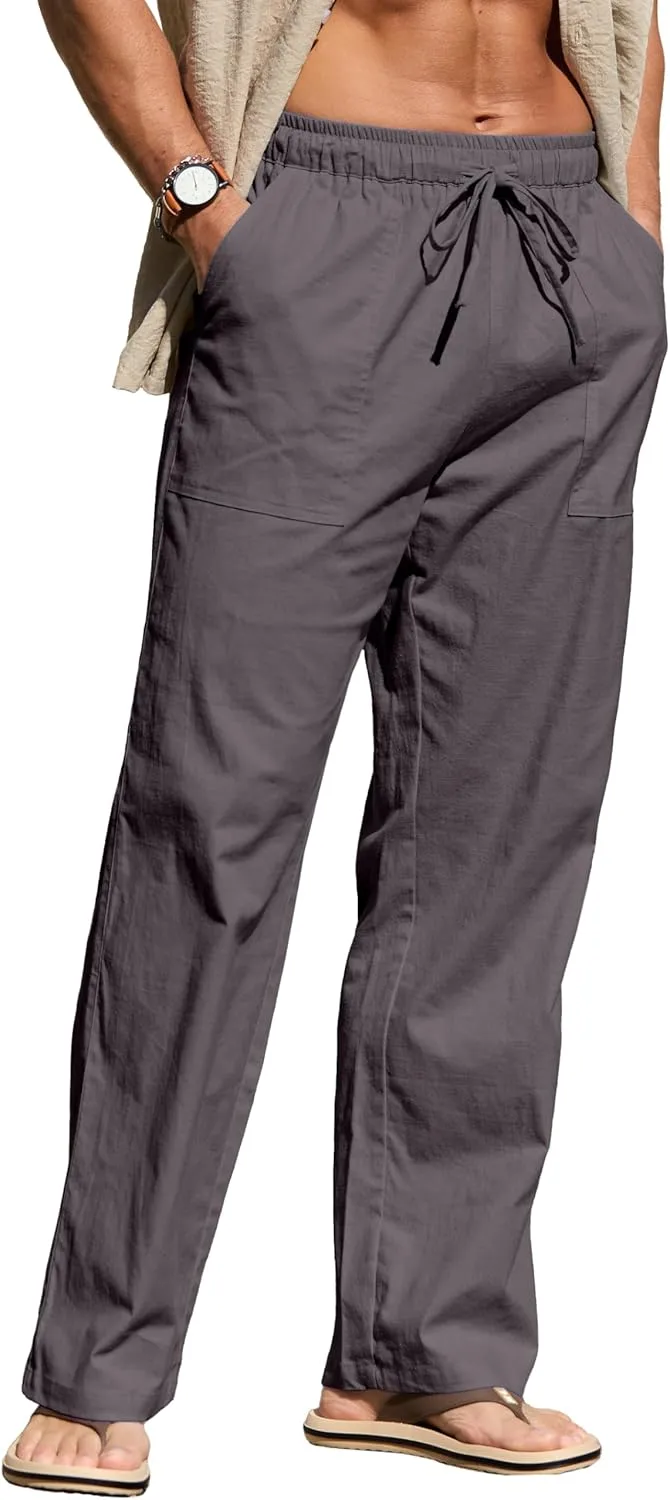 Sailwind Men's Casual Linen Pants Beach Summer Elastic Waist Drawstring Pants Lightweight Linen Trousers