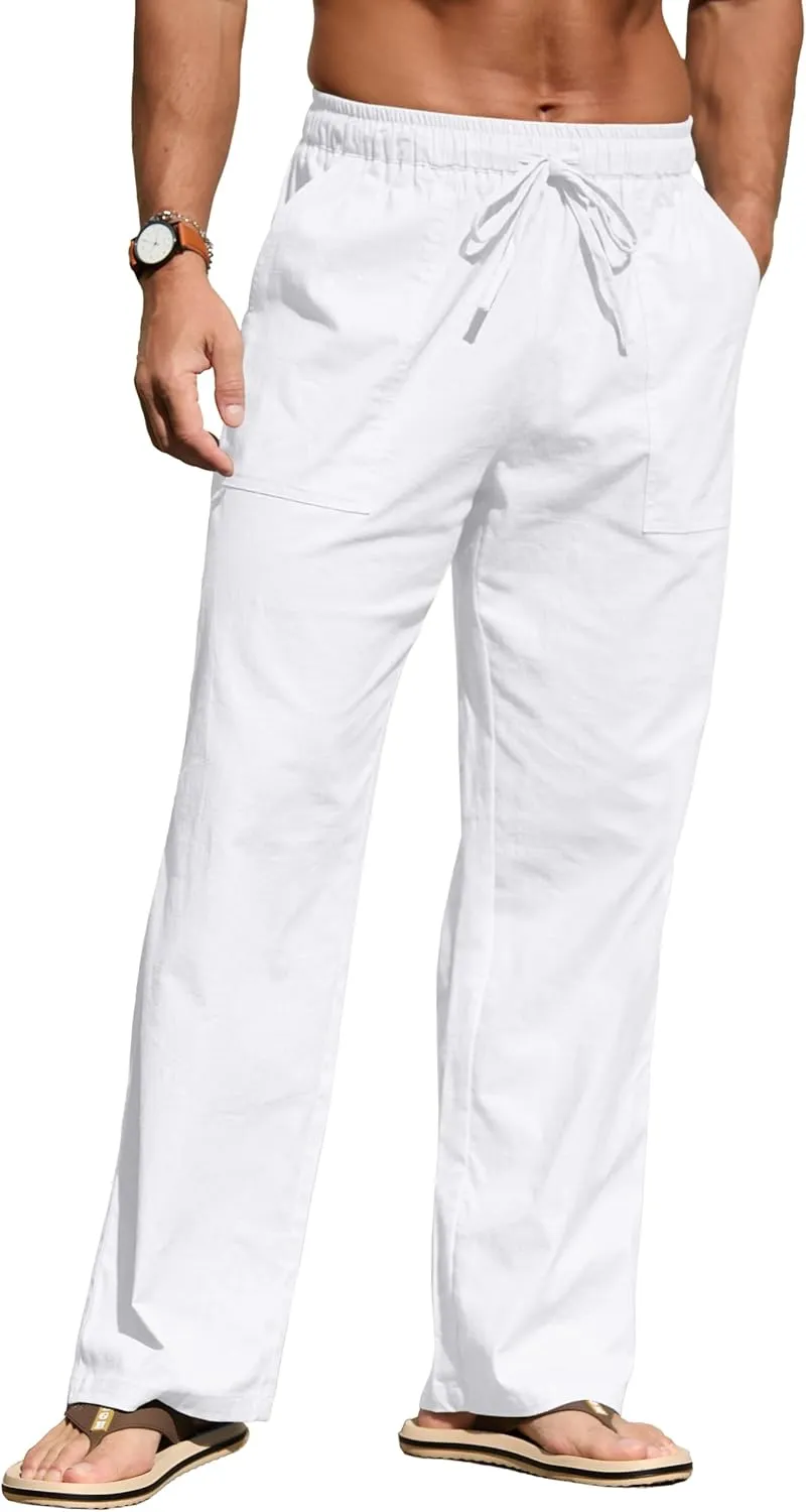 Sailwind Men's Casual Linen Pants Beach Summer Elastic Waist Drawstring Pants Lightweight Linen Trousers