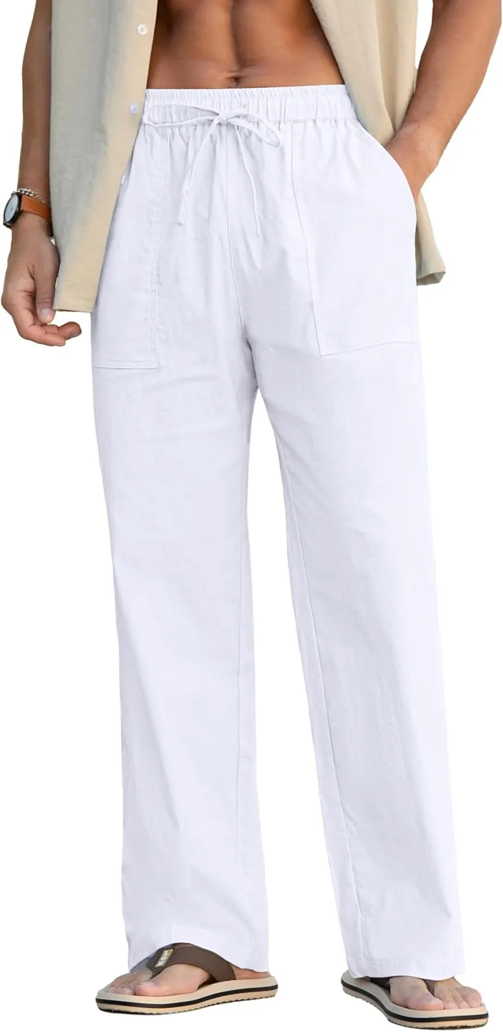 Sailwind Men's Casual Linen Pants Beach Summer Elastic Waist Drawstring Pants Lightweight Linen Trousers
