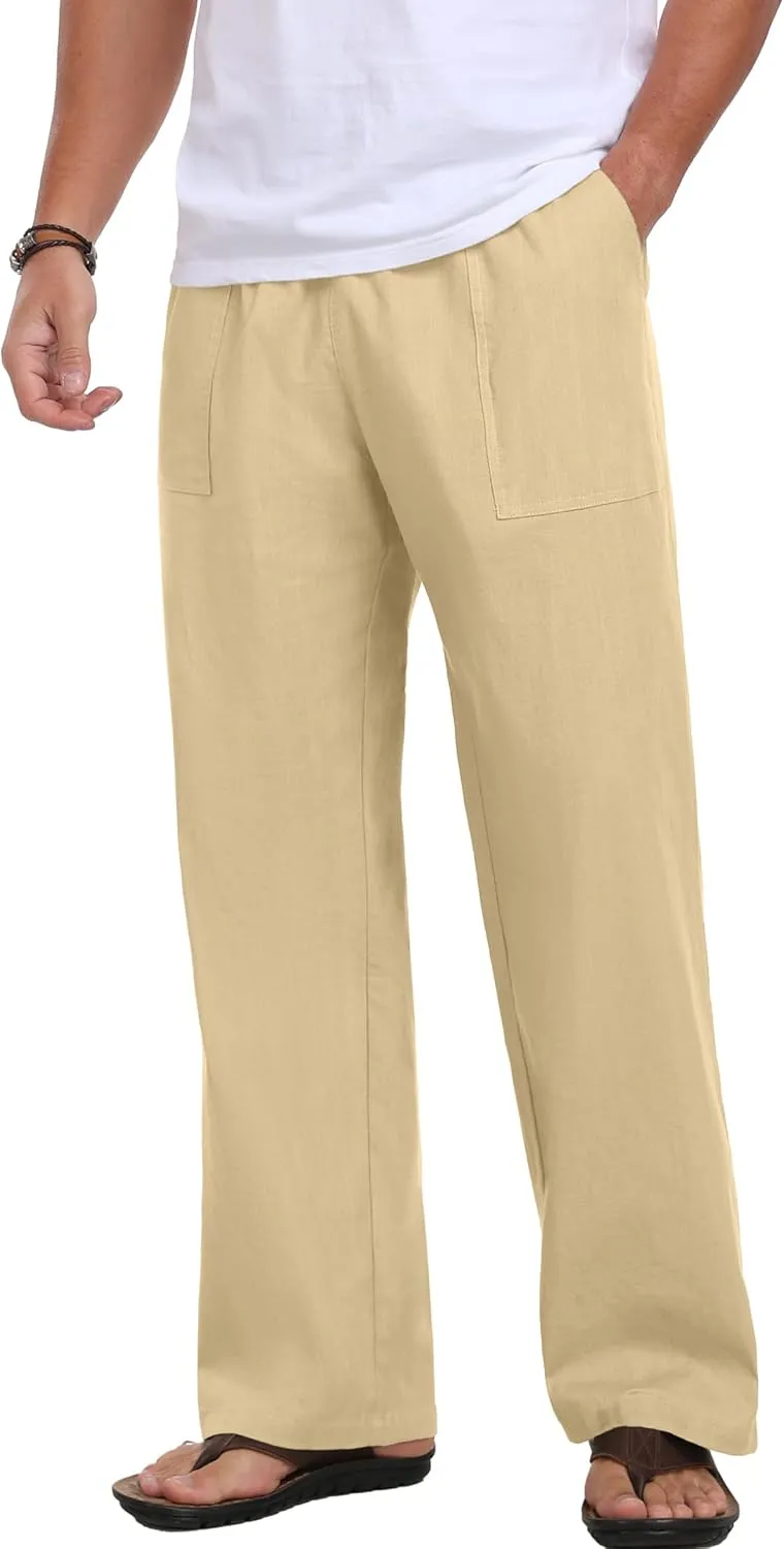 Sailwind Men's Casual Linen Pants Beach Summer Elastic Waist Drawstring Pants Lightweight Linen Trousers