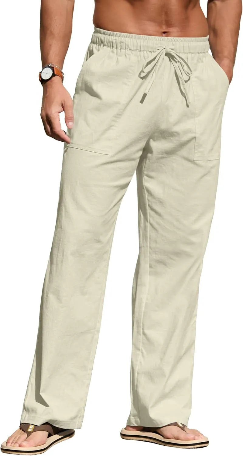 Sailwind Men's Casual Linen Pants Beach Summer Elastic Waist Drawstring Pants Lightweight Linen Trousers