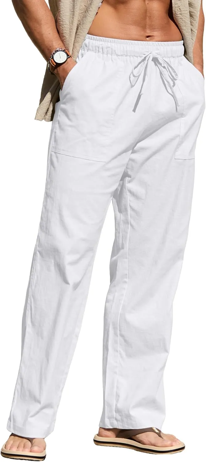 Sailwind Men's Casual Linen Pants Beach Summer Elastic Waist Drawstring Pants Lightweight Linen Trousers