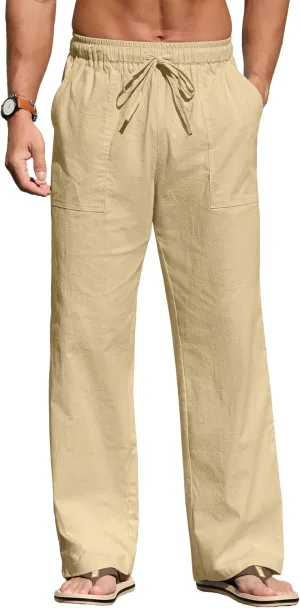Sailwind Men's Casual Linen Pants Beach Summer Elastic Waist Drawstring Pants Lightweight Linen Trousers