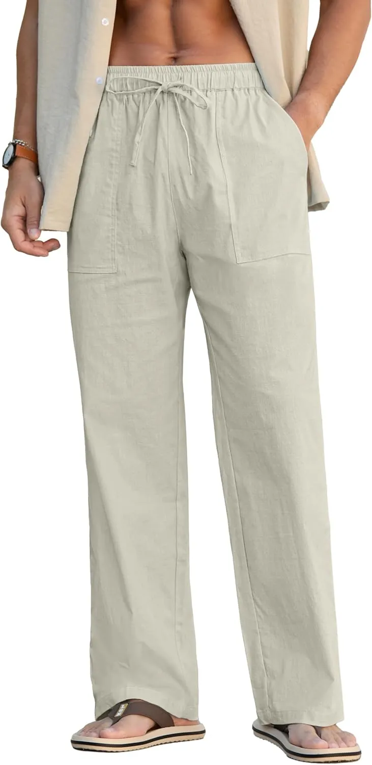 Sailwind Men's Casual Linen Pants Beach Summer Elastic Waist Drawstring Pants Lightweight Linen Trousers