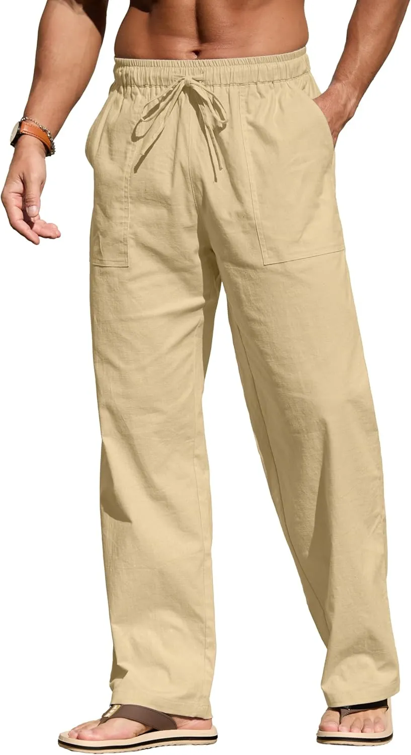 Sailwind Men's Casual Linen Pants Beach Summer Elastic Waist Drawstring Pants Lightweight Linen Trousers