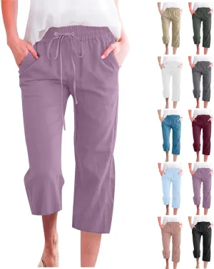 Same Day delivery Items Prime Under 5,Capri Pants for Women Casual Summer Cotton Linen Capris Drawstring Elastic High Waist Pants Wide Leg Cropped Trouser