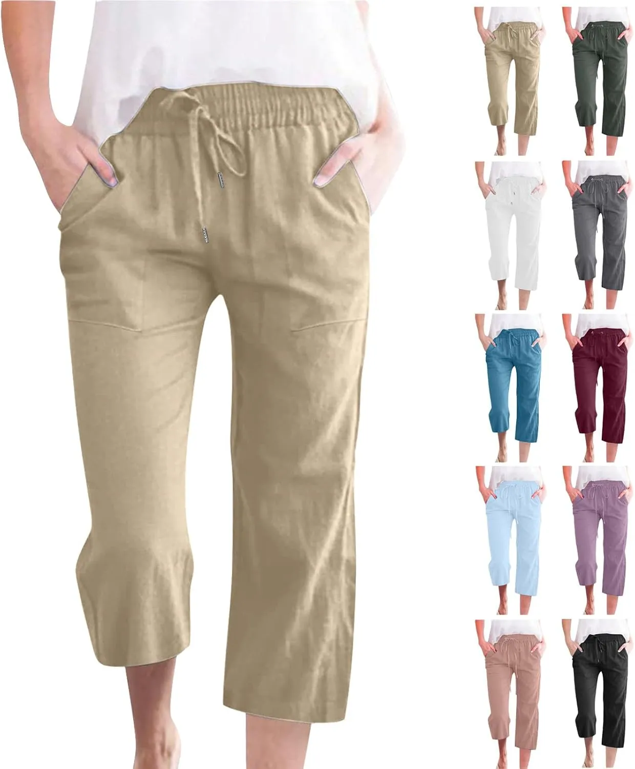 Same Day delivery Items Prime,Capri Pants for Women Casual Summer Cotton Linen Capris Drawstring Elastic High Waist Pants Wide Leg Cropped Trouser