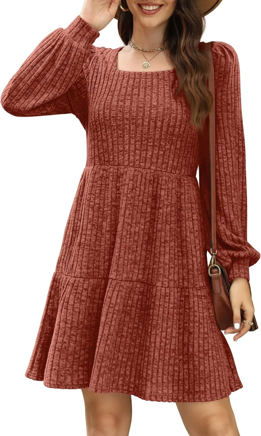 SAMPEEL Womens Square Neck Long Sleeve Fall Dresses Casual Babydoll Sweater Dress