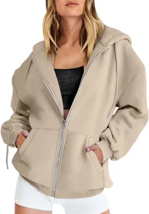 SHAOBGE Fall Sweatshirts for Women Zip Up Hoodies Oversized Sweatshirt Y2K Clothing Casual Drawstring Jacket with Pockets