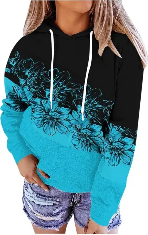 SHAOBGE Sweatshirts Baggy Women's Patchwork Floral Printed Sweatshirts Hoodie Casual Long Sleeve Women Hooded Sweatshirt