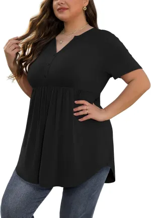 SHIJIALI Women's Plus Size Henley Shirts V Neck Button Tunic Tops Casual Short Sleeve Swing Flowy Tunic