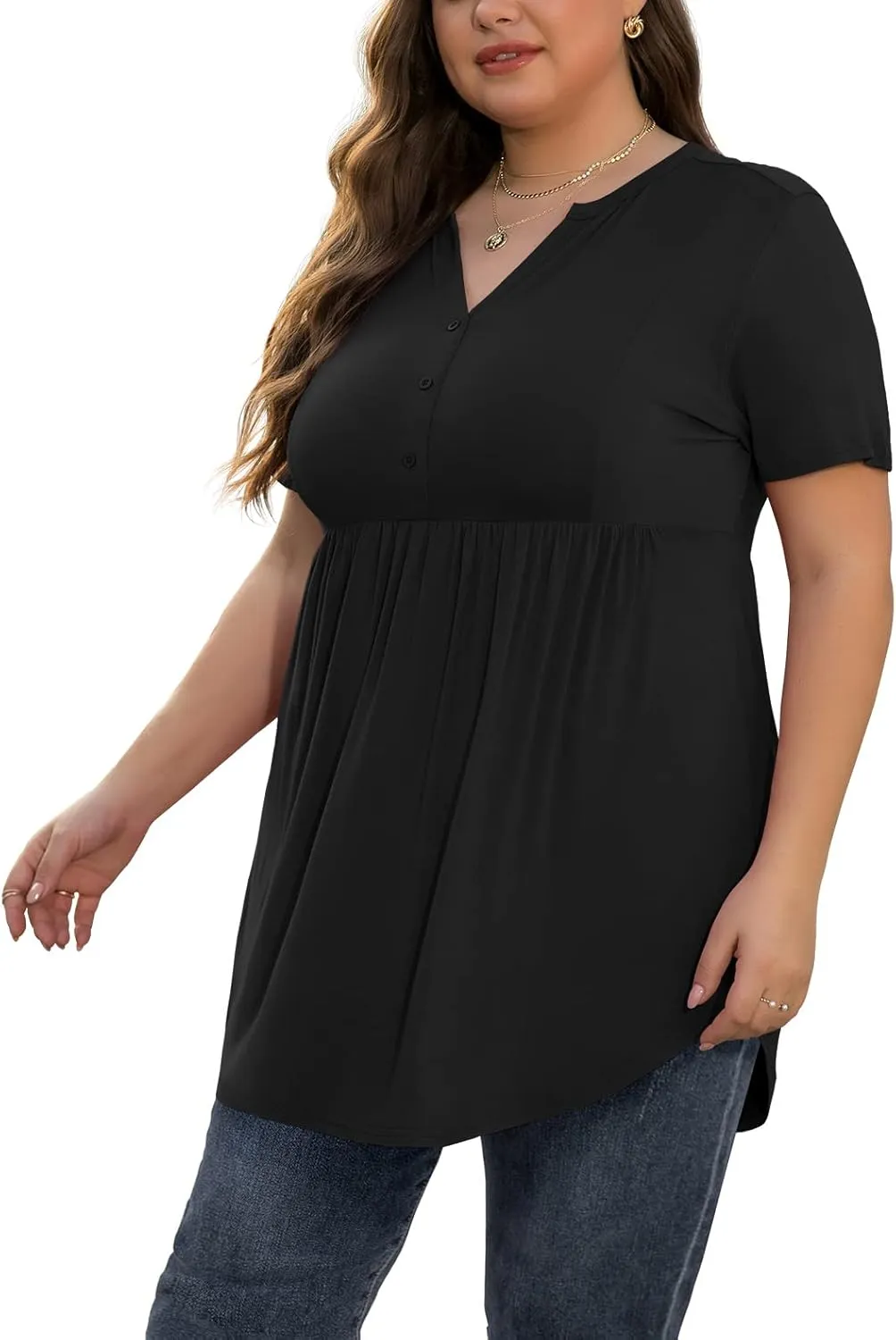 SHIJIALI Women's Plus Size Henley Shirts V Neck Button Tunic Tops Casual Short Sleeve Swing Flowy Tunic