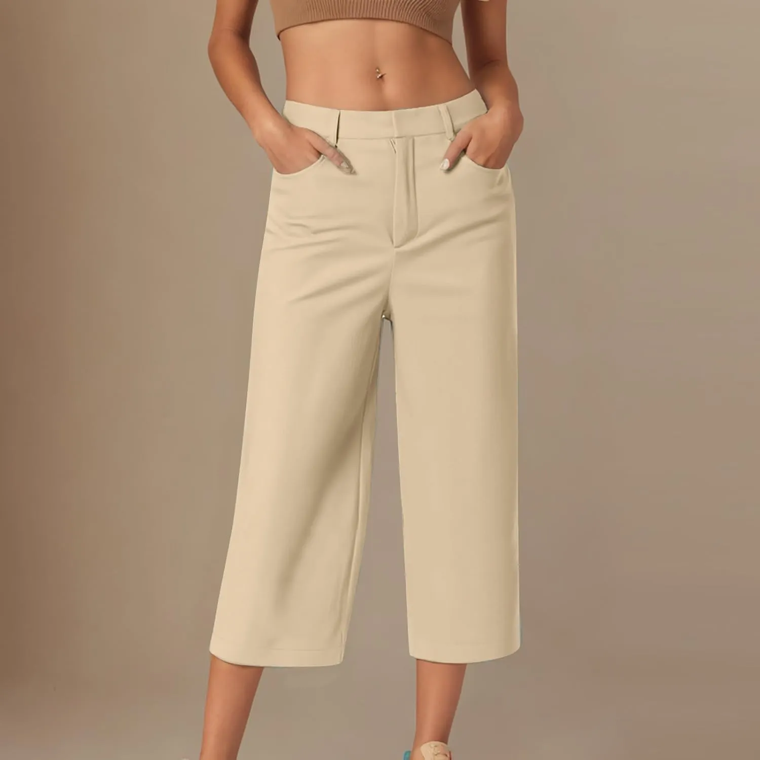 SHOPESSA Womens Capri Pants with Pockets High Waist Wide Leg Cropped Pants Casual Loose Fit Trousers Solid Summer Capris