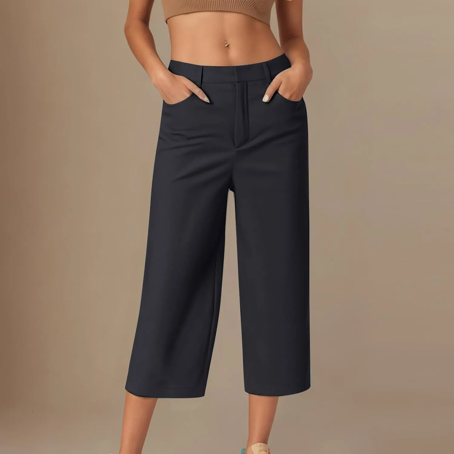 SHOPESSA Womens Capri Pants with Pockets High Waist Wide Leg Cropped Pants Casual Loose Fit Trousers Solid Summer Capris