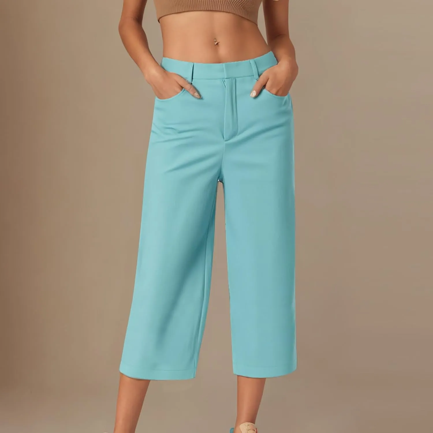 SHOPESSA Womens Capri Pants with Pockets High Waist Wide Leg Cropped Pants Casual Loose Fit Trousers Solid Summer Capris