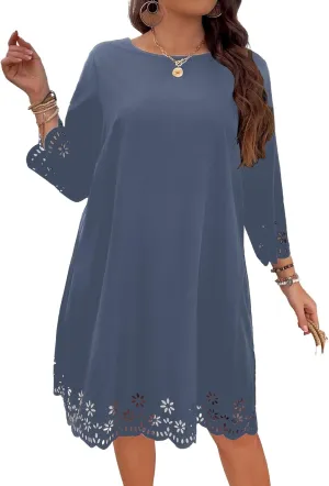 SOLY HUX Women's Plus Size Cut Out Scalloped Trim Tunic Dress 3/4 Sleeve Summer Short Dress