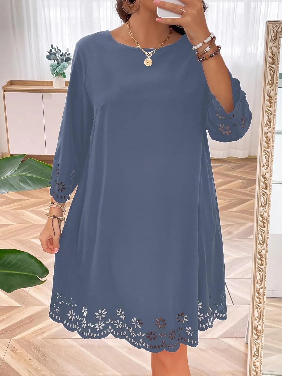 SOLY HUX Women's Plus Size Cut Out Scalloped Trim Tunic Dress 3/4 Sleeve Summer Short Dress