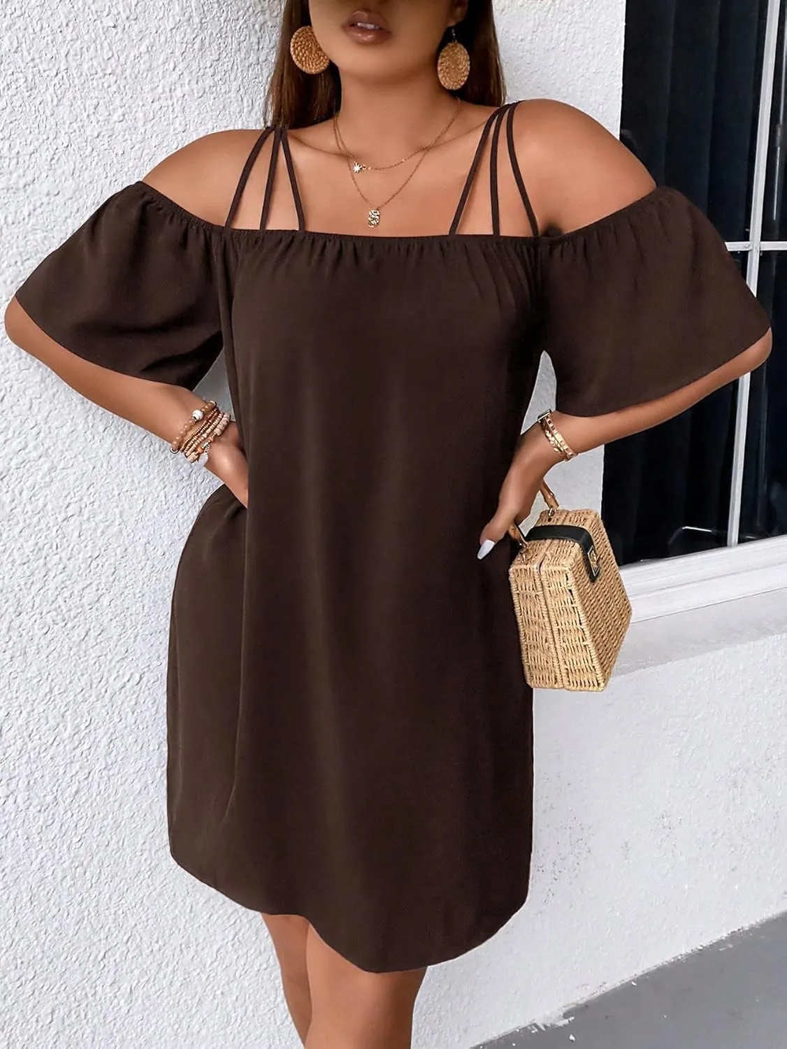 SOLY HUX Women's Plus Size Dresses Off Shoulder Short Sleeve Short Dresses Causal Loose Tunic Summer Dress