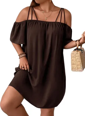 SOLY HUX Women's Plus Size Dresses Off Shoulder Short Sleeve Short Dresses Causal Loose Tunic Summer Dress