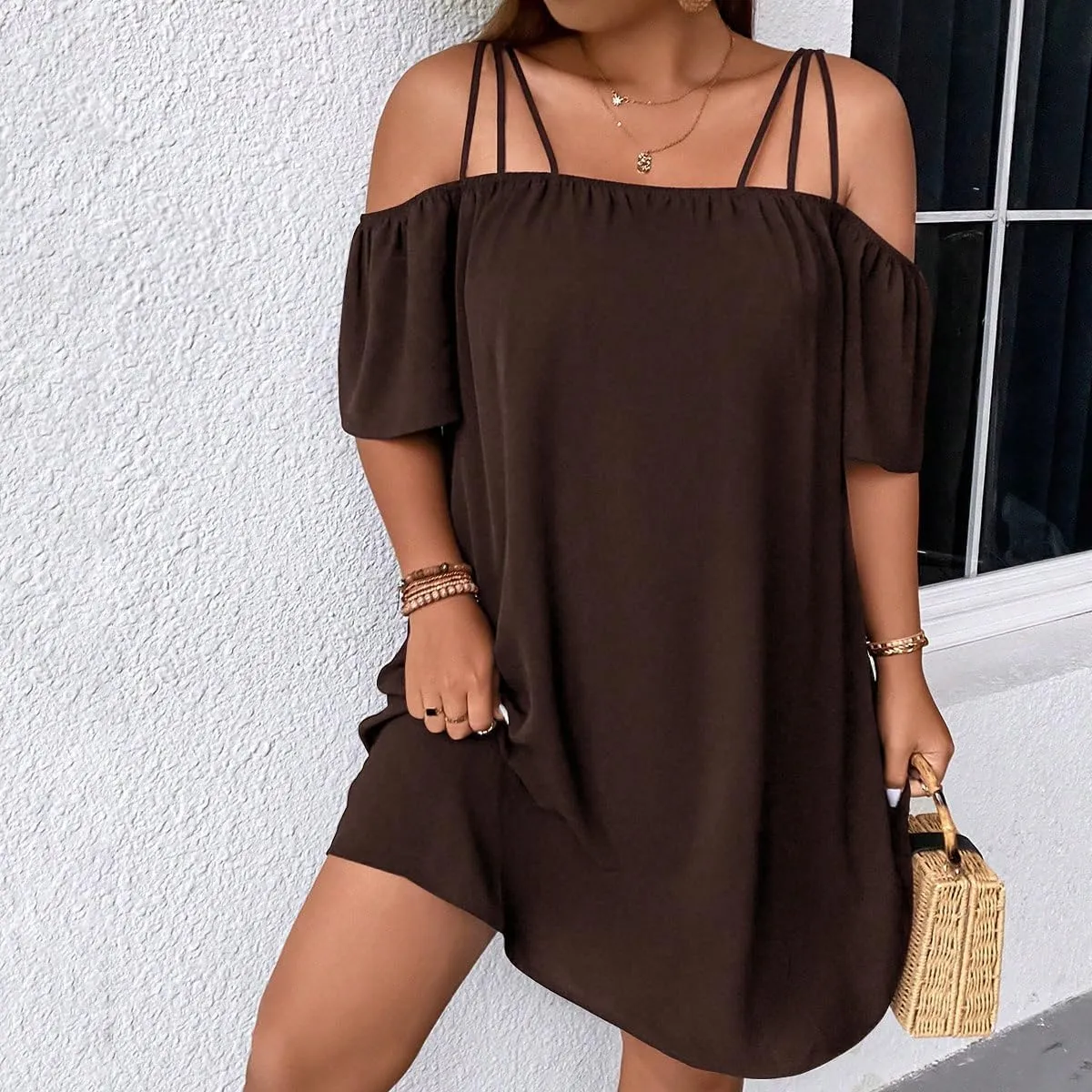 SOLY HUX Women's Plus Size Dresses Off Shoulder Short Sleeve Short Dresses Causal Loose Tunic Summer Dress