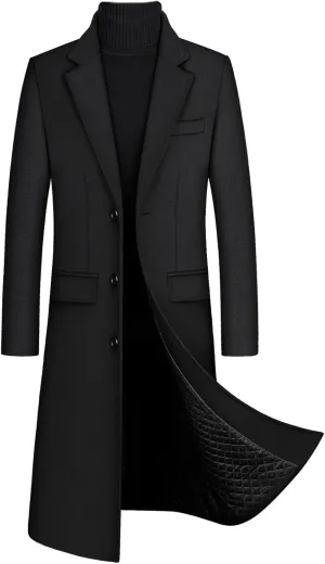 SOMTHRON Men's Winter Trench Coat Lapel Single Breasted Slim Fit Wool Blend Overcoat Jacket Long Pea Coat
