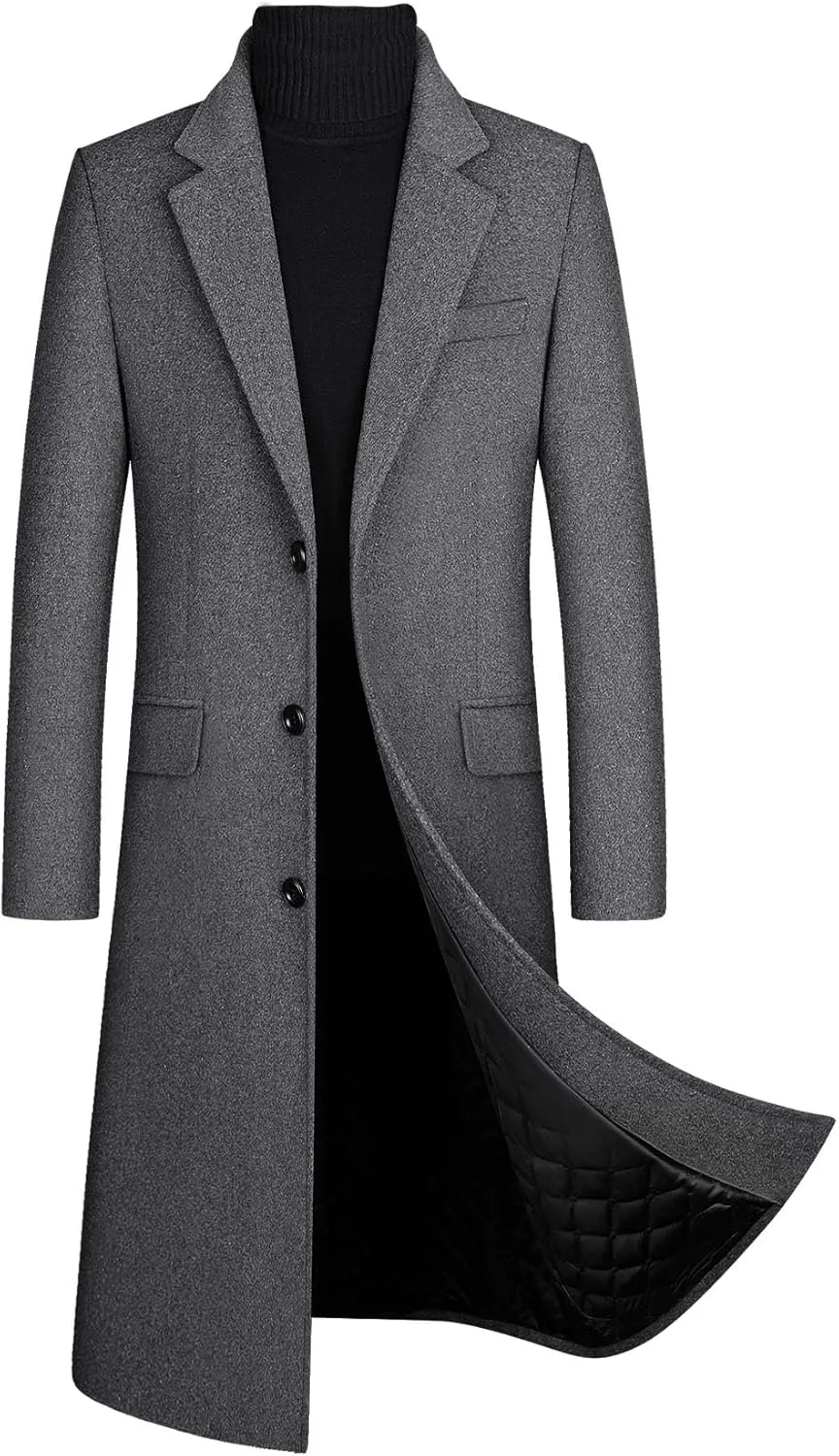 SOMTHRON Men's Winter Trench Coat Lapel Single Breasted Slim Fit Wool Blend Overcoat Jacket Long Pea Coat