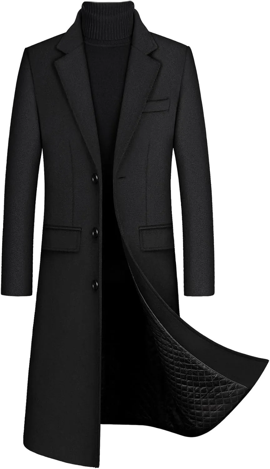 SOMTHRON Men's Winter Trench Coat Lapel Single Breasted Slim Fit Wool Blend Overcoat Jacket Long Pea Coat