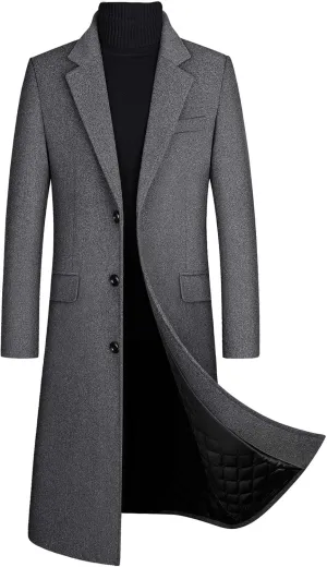 SOMTHRON Men's Winter Trench Coat Lapel Single Breasted Slim Fit Wool Blend Overcoat Jacket Long Pea Coat