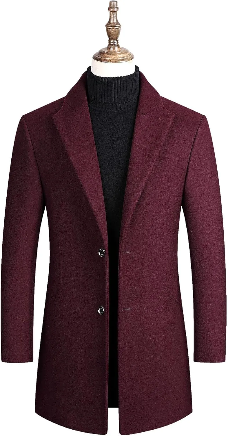 SOMTHRON Men's Winter Trench Coat Lapel Single Breasted Slim Fit Wool Blend Overcoat Jacket Mid-Long Pea Coat