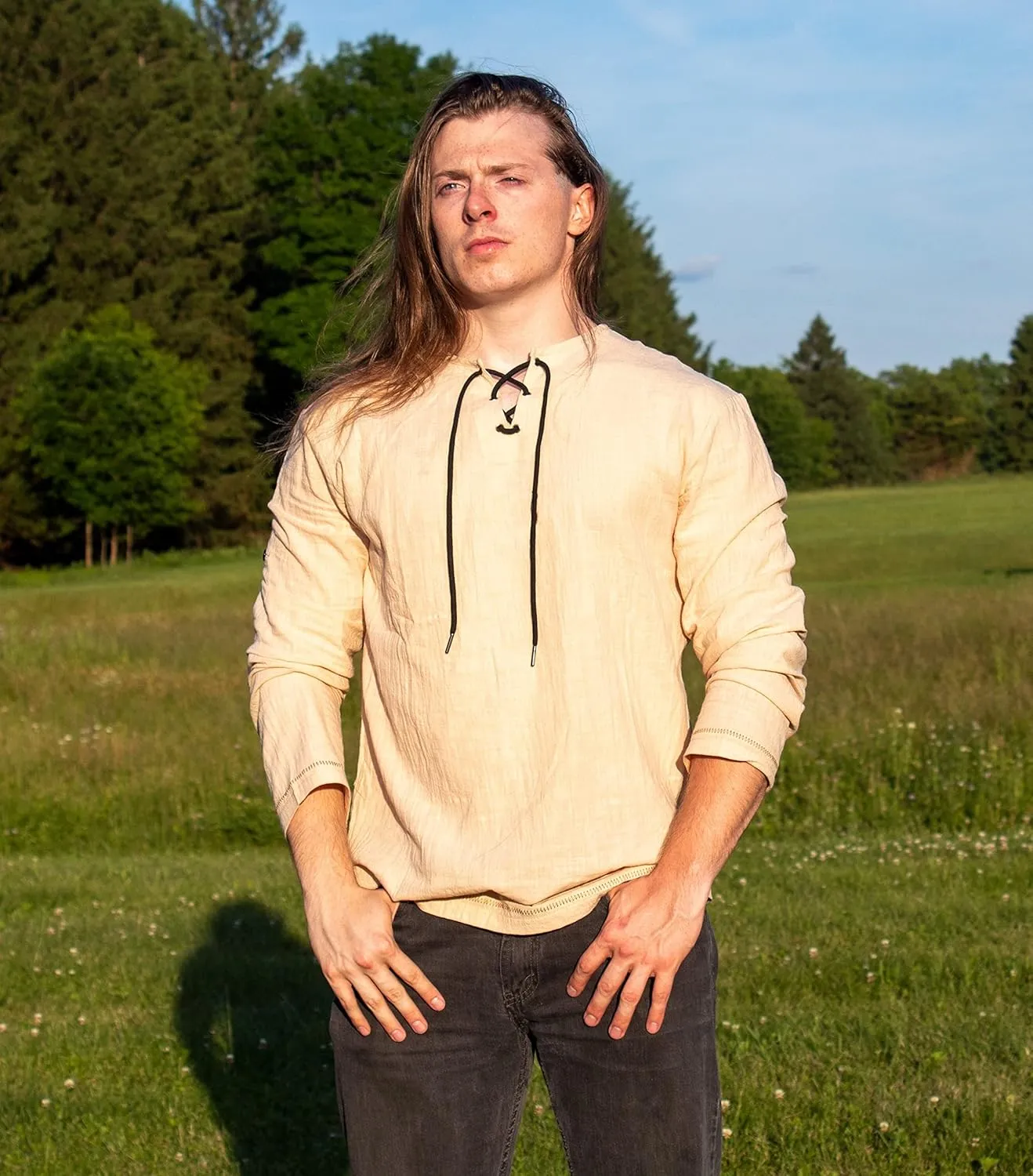 Sons of Odin Men's Cotton Linen Long Sleeve V Neck Lace Up Beach Yoga Tunic Shirt