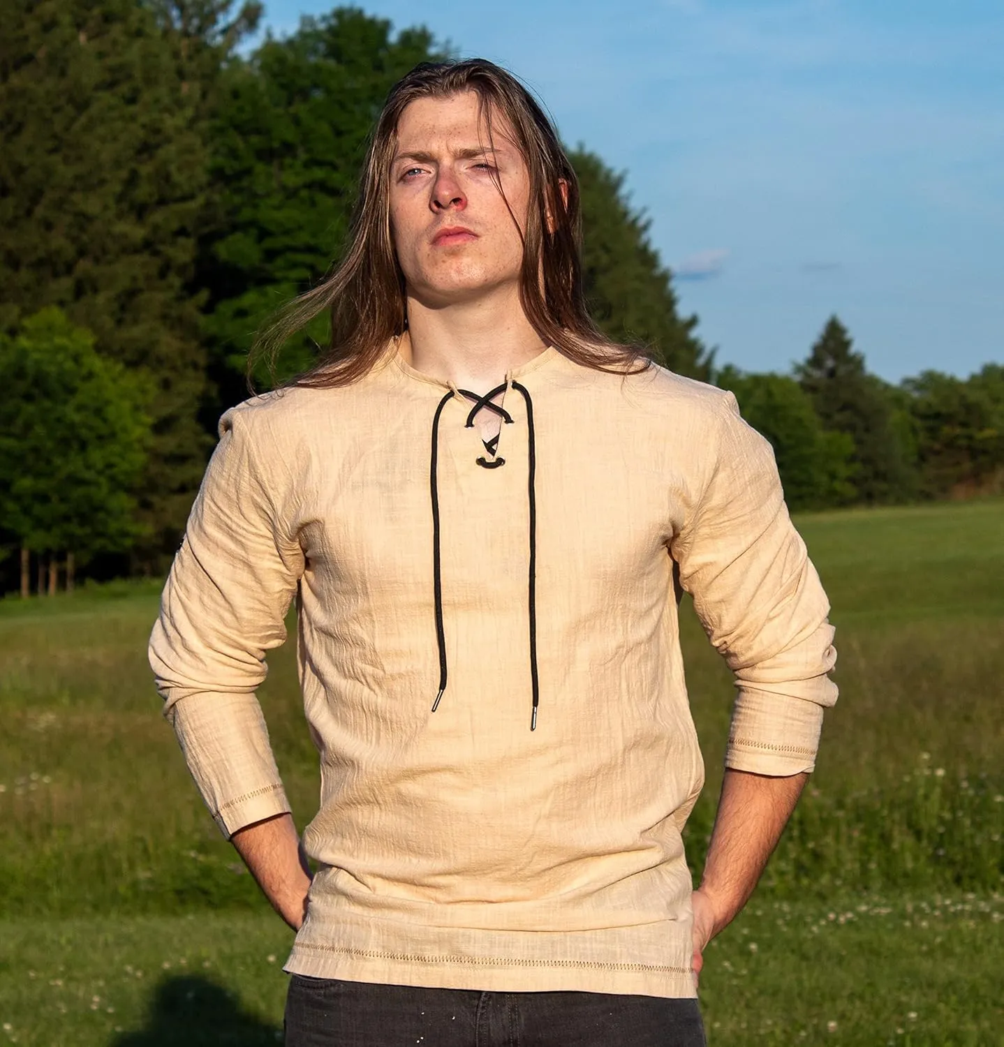 Sons of Odin Men's Cotton Linen Long Sleeve V Neck Lace Up Beach Yoga Tunic Shirt