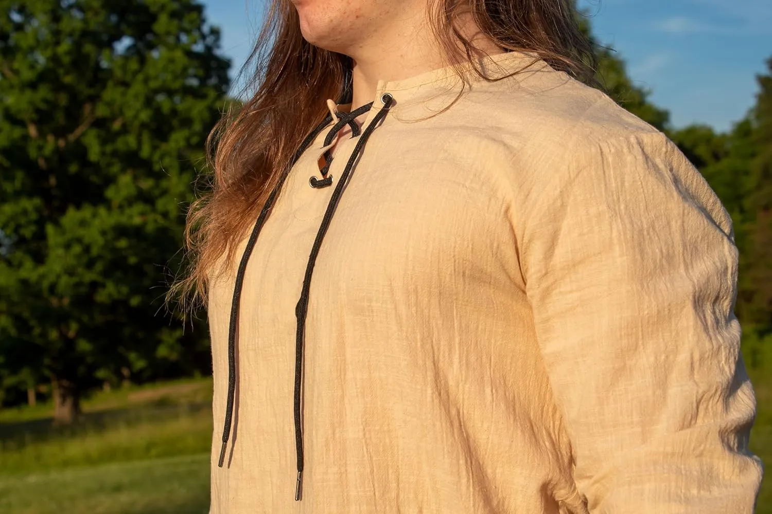 Sons of Odin Men's Cotton Linen Long Sleeve V Neck Lace Up Beach Yoga Tunic Shirt