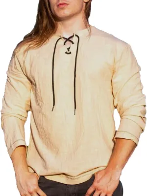 Sons of Odin Men's Cotton Linen Long Sleeve V Neck Lace Up Beach Yoga Tunic Shirt