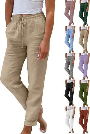 Straight Leg Linen Pants Women Summer Elastic High Waisted Beach Pants with Pockets Casual Plus Size Trousers