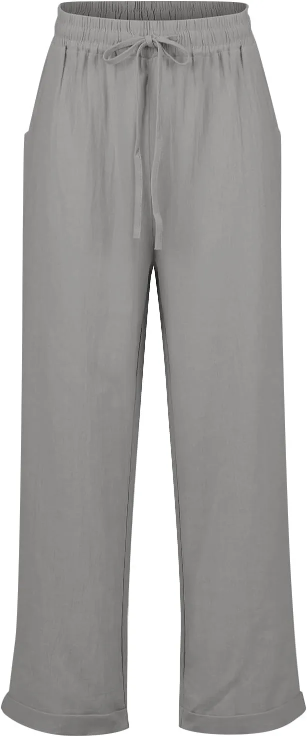 Straight Leg Linen Pants Women Summer Elastic High Waisted Beach Pants with Pockets Casual Plus Size Trousers