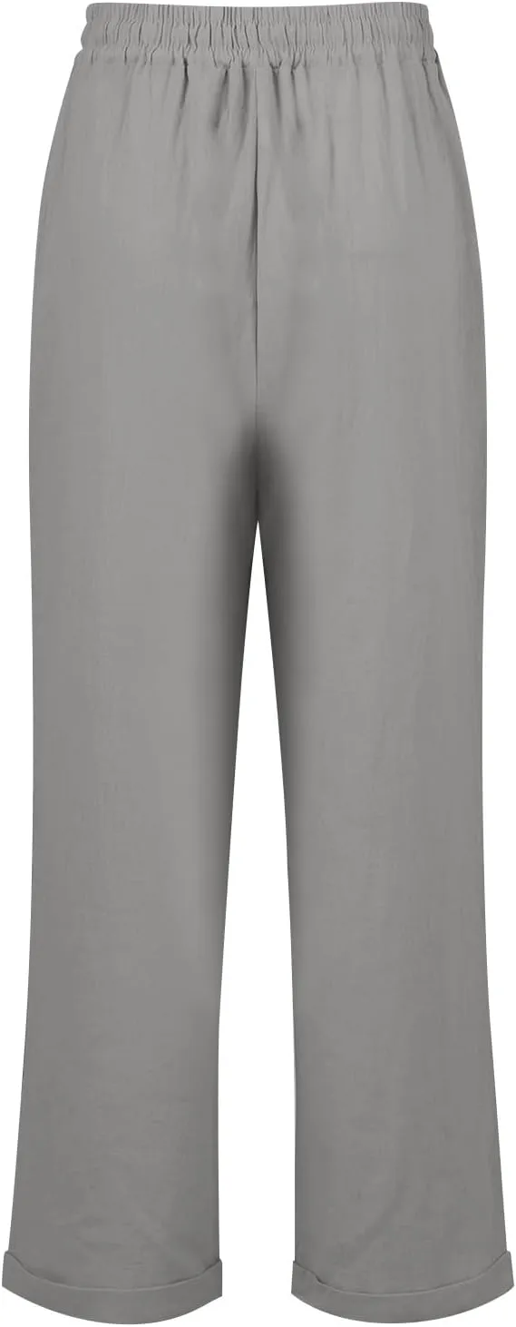 Straight Leg Linen Pants Women Summer Elastic High Waisted Beach Pants with Pockets Casual Plus Size Trousers