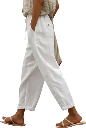 Striped Capri Pants for Women Linen Lightweight Spring Summer 2025 Drawstring Elastic Waist Pinstripe Cropped Trouser