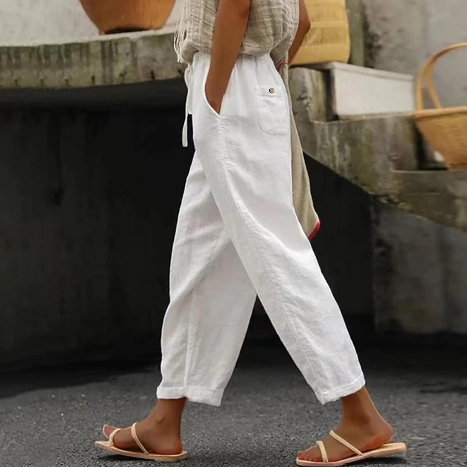 Striped Capri Pants for Women Linen Lightweight Spring Summer 2025 Drawstring Elastic Waist Pinstripe Cropped Trouser