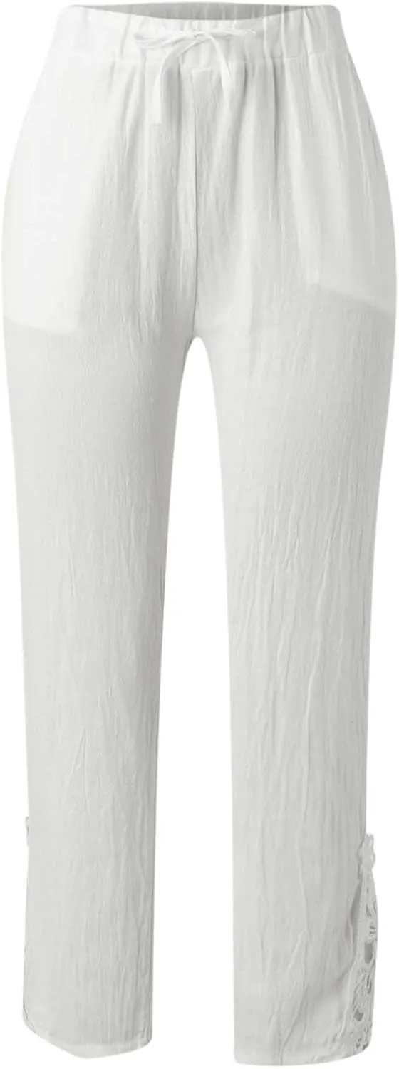 Striped Capri Pants for Women Linen Lightweight Spring Summer 2025 Drawstring Elastic Waist Pinstripe Cropped Trouser