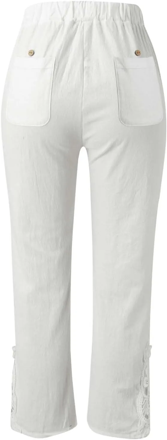 Striped Capri Pants for Women Linen Lightweight Spring Summer 2025 Drawstring Elastic Waist Pinstripe Cropped Trouser