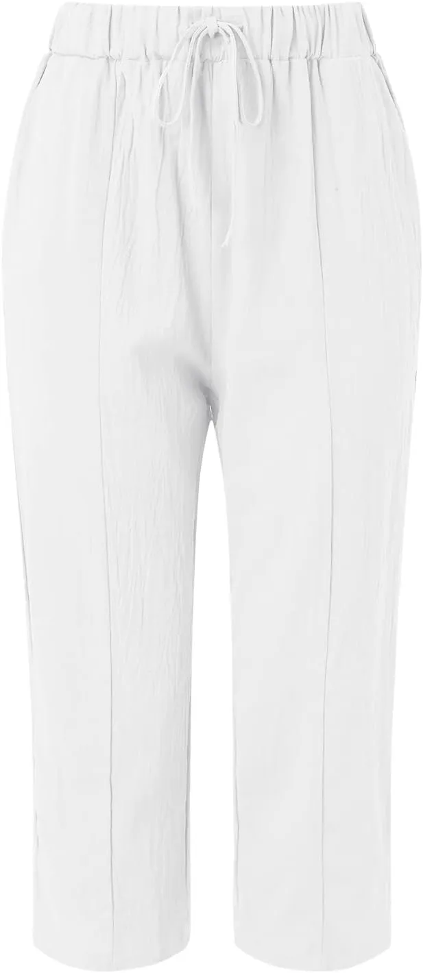 Striped Capri Pants for Women Linen Lightweight Spring Summer 2025 Drawstring Elastic Waist Pinstripe Cropped Trouser