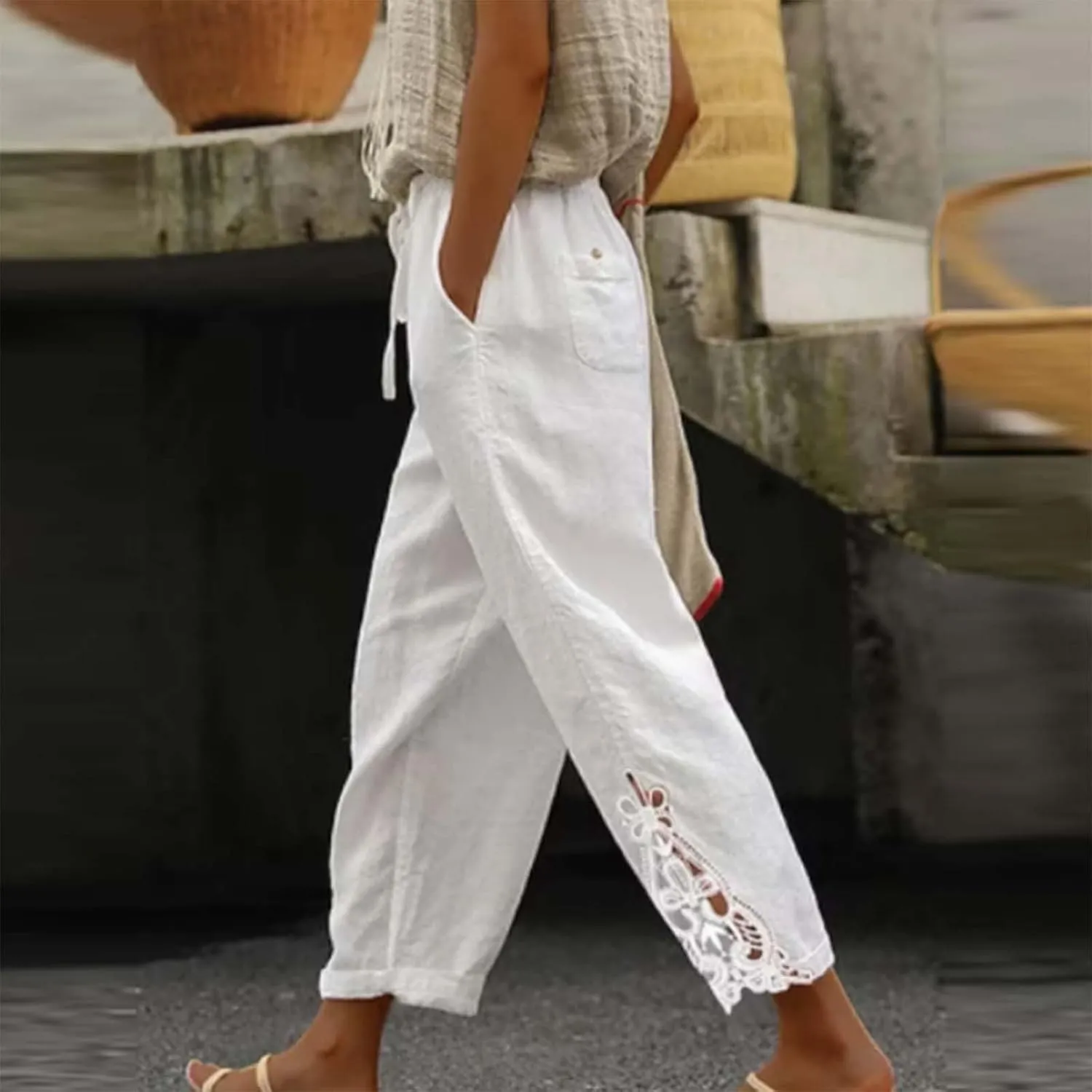 Striped Capri Pants for Women Linen Lightweight Spring Summer 2025 Drawstring Elastic Waist Pinstripe Cropped Trouser