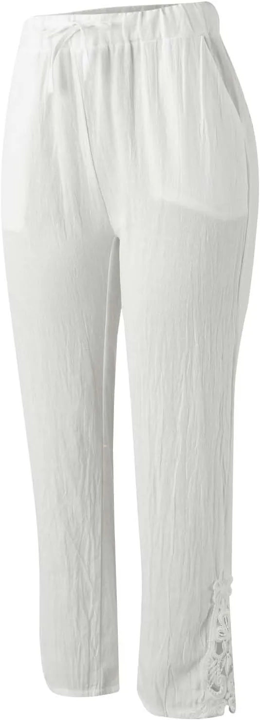 Striped Capri Pants for Women Linen Lightweight Spring Summer 2025 Drawstring Elastic Waist Pinstripe Cropped Trouser