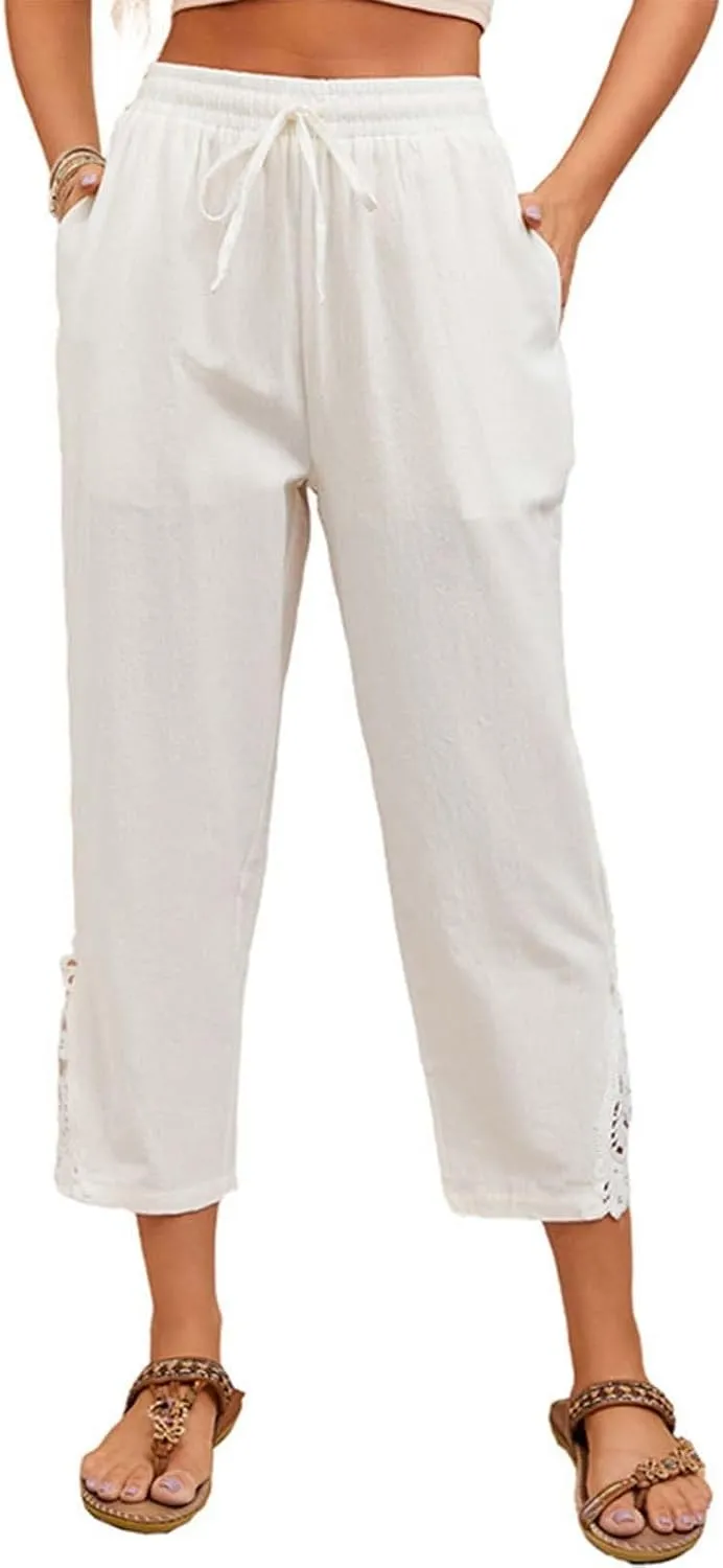 Striped Capri Pants for Women Linen Lightweight Spring Summer 2025 Drawstring Elastic Waist Pinstripe Cropped Trouser