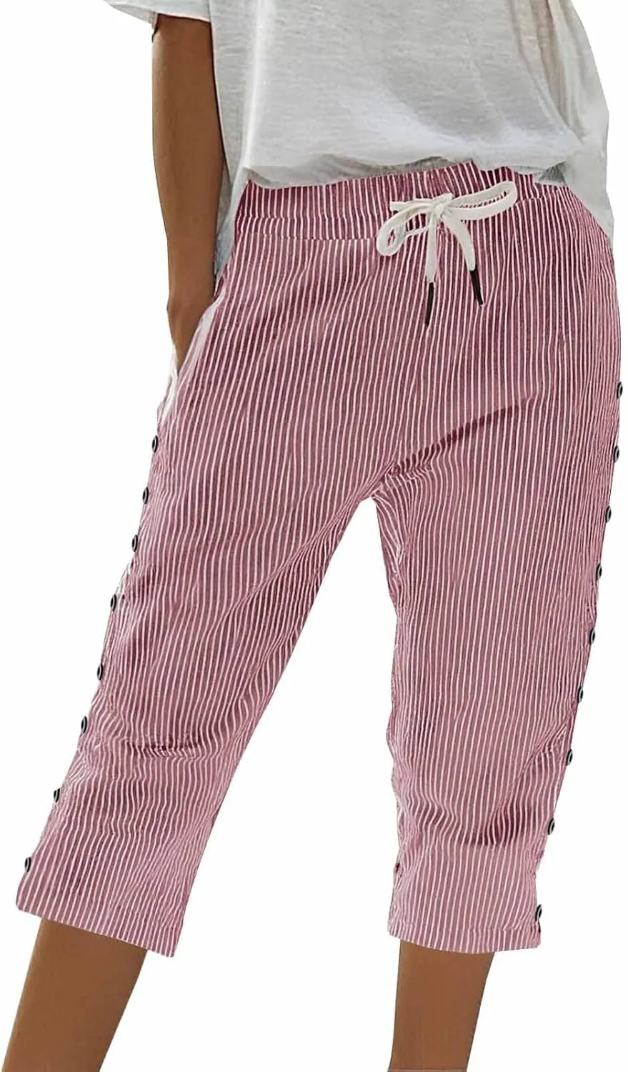 Striped Linen Pants Women 2025 Summer Casual Elastic Waist Pants Wide Leg Drawstring Trousers with Pockets