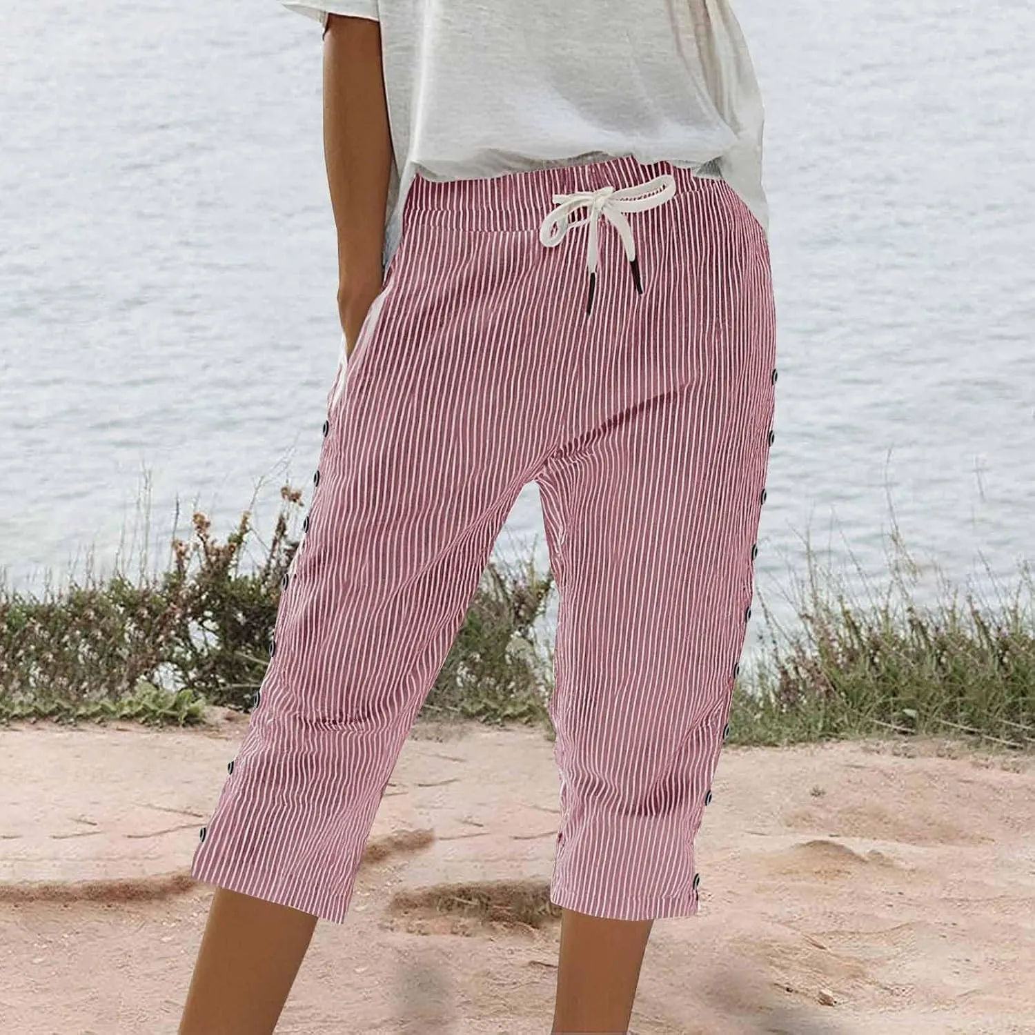 Striped Linen Pants Women 2025 Summer Casual Elastic Waist Pants Wide Leg Drawstring Trousers with Pockets