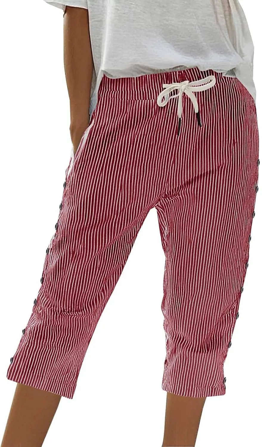 Striped Linen Pants Women 2025 Summer Casual Elastic Waist Pants Wide Leg Drawstring Trousers with Pockets