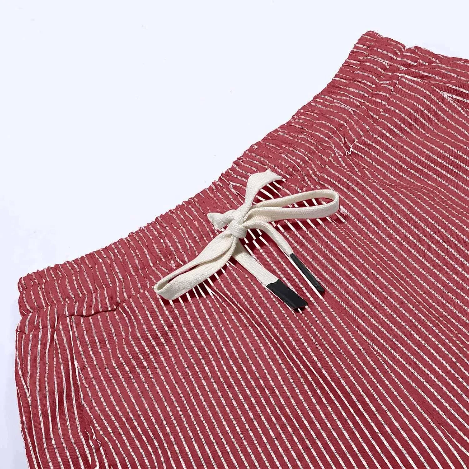Striped Linen Pants Women 2025 Summer Casual Elastic Waist Pants Wide Leg Drawstring Trousers with Pockets