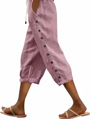 Striped Linen Pants Women 2025 Summer Casual Elastic Waist Pants Wide Leg Drawstring Trousers with Pockets