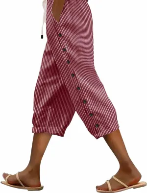 Striped Linen Pants Women 2025 Summer Casual Elastic Waist Pants Wide Leg Drawstring Trousers with Pockets